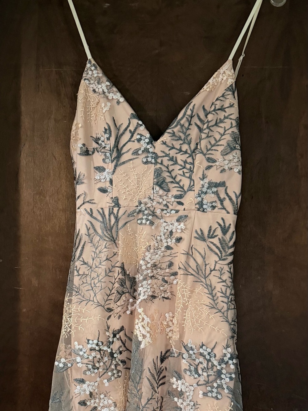 Embroidered V-Neck Wedding Dress in Blush with Slate Embroidery